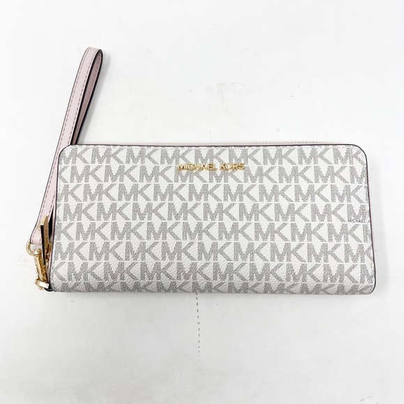 MICHAEL KORS MK Large Logo Continental Wallet Wristlet Pink Vanilla White Gold - Picture 1 of 10